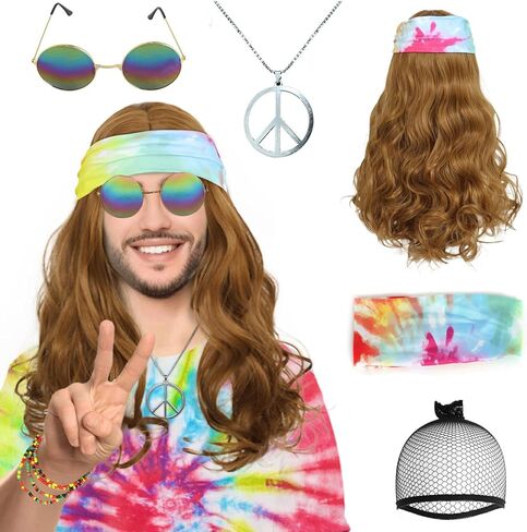 ANOGOL Hair Cap+5pcs Set Disco Wig Brown Mullet Men's Wig Dark Brown Curly Punk Rocker Wig with Glasses Mustache Necklace 70S Wigs For Men 80S Costumes For Men 1970s 1980s Wig Synthetic Hair Rocker Costume Set Wig For Party Halloween in Saudi Arabia