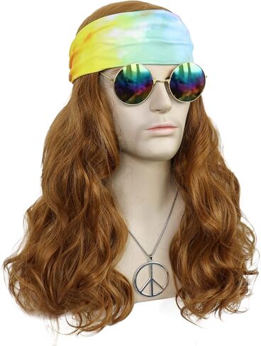 ANOGOL Hair Cap+5pcs Set Disco Wig Brown Mullet Men's Wig Dark Brown Curly Punk Rocker Wig with Glasses Mustache Necklace 70S Wigs For Men 80S Costumes For Men 1970s 1980s Wig Synthetic Hair Rocker Costume Set Wig For Party Halloween in Saudi Arabia