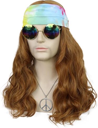 ANOGOL Hair Cap+5pcs Set Disco Wig Brown Mullet Men's Wig Dark Brown Curly Punk Rocker Wig with Glasses Mustache Necklace 70S Wigs For Men 80S Costumes For Men 1970s 1980s Wig Synthetic Hair Rocker Costume Set Wig For Party Halloween in Saudi Arabia