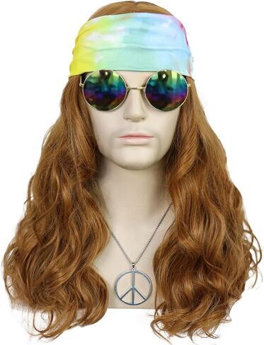 ANOGOL Hair Cap+5pcs Set Disco Wig Brown Mullet Men's Wig Dark Brown Curly Punk Rocker Wig with Glasses Mustache Necklace 70S Wigs For Men 80S Costumes For Men 1970s 1980s Wig Synthetic Hair Rocker Costume Set Wig For Party Halloween in Saudi Arabia