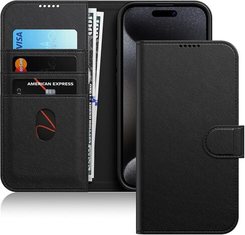 Jetech Wallet Case لـ iPhone 15 Pro 6.1 بوصة ، غطاء مقاوم للمغناطيسي من PU ، مع حامل البطاقة ، وميزة الوقوف وحماية الكاميرا الكاملة (التيتانيوم الأسود) in Kuwait