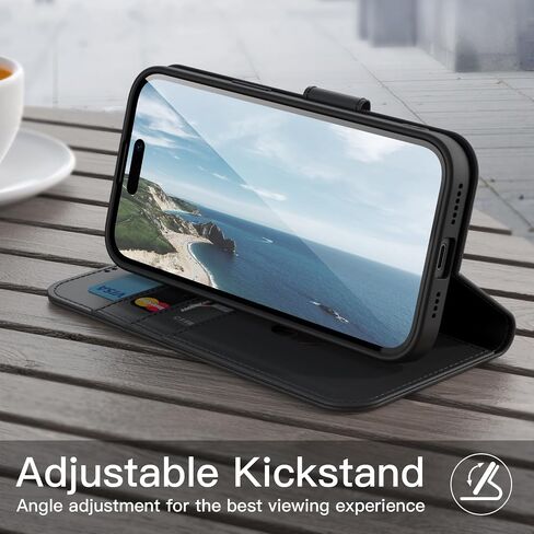 Jetech Wallet Case لـ iPhone 15 Pro 6.1 بوصة ، غطاء مقاوم للمغناطيسي من PU ، مع حامل البطاقة ، وميزة الوقوف وحماية الكاميرا الكاملة (التيتانيوم الأسود) in Kuwait