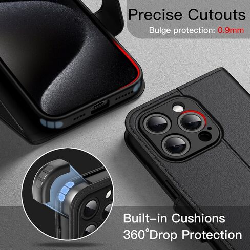 Jetech Wallet Case لـ iPhone 15 Pro 6.1 بوصة ، غطاء مقاوم للمغناطيسي من PU ، مع حامل البطاقة ، وميزة الوقوف وحماية الكاميرا الكاملة (التيتانيوم الأسود) in Kuwait
