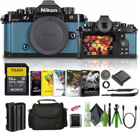 كاميرا Nikon Zf مزودة بمستشعر 24.5 ميجابكسل وكاميرا بدون مرآة لتسجيل الفيديو بدقة 4K (1761) + بطاقة سعة 64 جيجابايت + حقيبة + قارئ بطاقات + برنامج Corel للصور + حامل ثلاثي القوائم مرن + محفظة ذاكرة + طقم تنظيف + حافظة للغطاء (متجددة) in Saudi Arabia