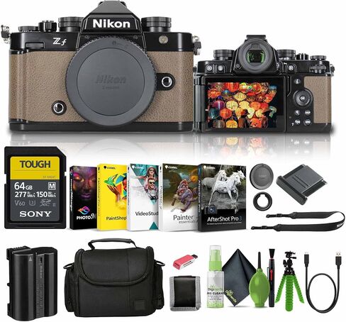 كاميرا Nikon Zf مزودة بمستشعر 24.5 ميجابكسل وكاميرا بدون مرآة لتسجيل الفيديو بدقة 4K (1761) + بطاقة سعة 64 جيجابايت + حقيبة + قارئ بطاقات + برنامج Corel للصور + حامل ثلاثي القوائم مرن + محفظة ذاكرة + طقم تنظيف + حافظة للغطاء (متجددة) in Saudi Arabia