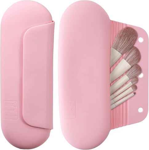 AGIKET Silicone Makeup Brush Holder Travel Cosmetic Bag：Soft Portable Cosmetic Face Brushes Holder with Upgrade Anti-Fall Out Magnetic Closure, Large Travel Makeup Brush Case - Walnut in Saudi Arabia