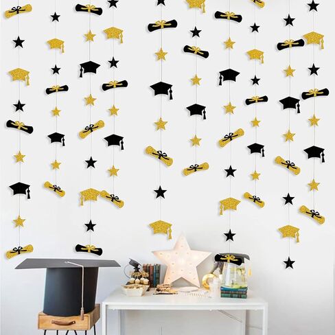 Pinkblume Graduation Decorations 2025 Graduation Hat Diploma Star Garland Banner Bunting Streamer Black Gold in Saudi Arabia