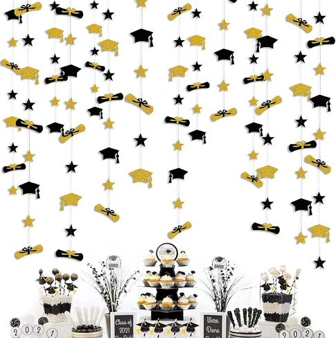 Pinkblume Graduation Decorations 2025 Graduation Hat Diploma Star Garland Banner Bunting Streamer Black Gold in Saudi Arabia