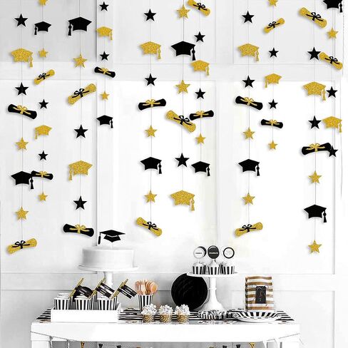 Pinkblume Graduation Decorations 2025 Graduation Hat Diploma Star Garland Banner Bunting Streamer Black Gold in Saudi Arabia