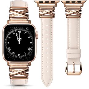 Minyee Leather Bands Compatible with Apple Watch 38/40/41/42/44/45/46/49mm Women, Dressy Slim Premium Leather Strap with Designer X-Shape Metal Buckle for iWatch Series 10 9 Ultra SE 8 7 6 5 4 3 2 1