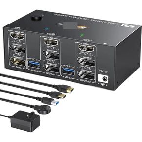 شاشات ثلاثية KVM Switch ، 2 DisplayPort + HD-MiusB KVM Switch 8K@60Hz ، 4K@144Hz 3 مراقبين 2 أجهزة الكمبيوتر KVM مع 4 منافذ USB 3.0 (قابس الولايات المتحدة)