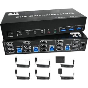 8K@60Hz DisplayPort KVM Switch 3 شاشات 4 كمبيوتر ، DP1.4 Triple Monitor KVM Switch مع إخراج الميكروفون الصوتي 3 منفذ USB3.0 (AU Power Adapter)
