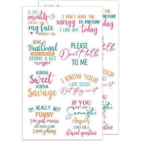 Funny Sarcastic Humor Decal Set (2 Sheets) - Workplace Vinyl Stickers for Tumblers, Laptops & Safety Gear - Sarcastic Quotes with Clean Removal