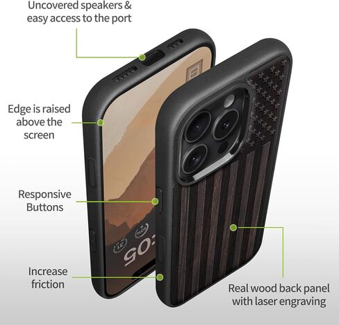 Carveit Magnetic Wooden Case for iPhone 16 Pro Max Case ، Wood Artisan Sengraved & Black Soft TPU Cover ، متوافق مع Magsafe Wireless Chargers (Flag American) Blackwood in Kuwait