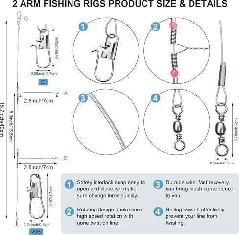 Tackle Rigs Fishing Leaders Stainless Steel Wire Trace Leader 2 Arm Fishing Rigs with Swivels Snap Connect Beads Fishing Line Tackle Fishing Kits for Lures Bait Rig or Hooks in Saudi Arabia