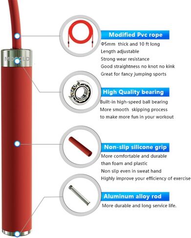 حبال القفز من السيليكون للأطفال والكبار من Mogold مقاس 5 مم من أجل اللياقة البدنية - حبل القفز قابل للتعديل للمبتدئين مع مقابض معدنية غير قابلة للكسر وحبل PVC فائق المتانة غير ملتوي لتخطي الحبل in Kuwait