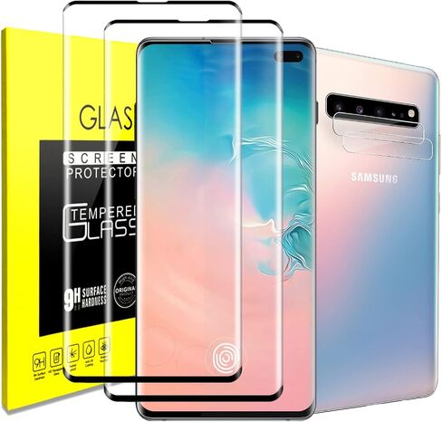 Samsung Galaxy S10+ حامي شاشة الزجاج المقسّر مع واقي عدسة الكاميرا [منحنى ثلاثي الأبعاد] [إلغاء قفل بصمة التوافق] تغطية كاملة لشاشة Samsung S10 Plus 6.4 بوصة [2+ 2 حزمة] in Kuwait