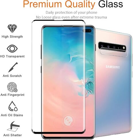 Samsung Galaxy S10+ حامي شاشة الزجاج المقسّر مع واقي عدسة الكاميرا [منحنى ثلاثي الأبعاد] [إلغاء قفل بصمة التوافق] تغطية كاملة لشاشة Samsung S10 Plus 6.4 بوصة [2+ 2 حزمة] in Kuwait
