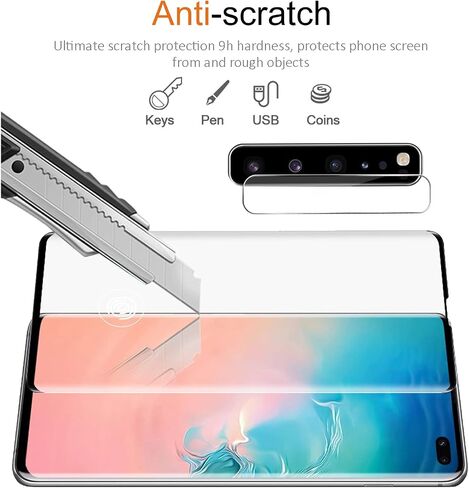 Samsung Galaxy S10+ حامي شاشة الزجاج المقسّر مع واقي عدسة الكاميرا [منحنى ثلاثي الأبعاد] [إلغاء قفل بصمة التوافق] تغطية كاملة لشاشة Samsung S10 Plus 6.4 بوصة [2+ 2 حزمة] in Kuwait