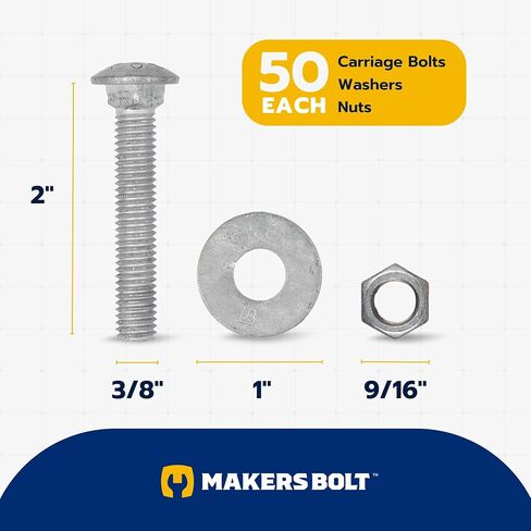 3/8 "× 6" (50 حزمة) مجموعة مسامير النقل المجلفنة، المجلفن بالغمس الساخن للاستخدام الخارجي بواسطة Makers Bolt in Saudi Arabia