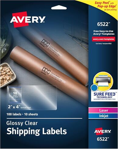 Avery Printable Shipping Labels with Sure Feed, 2" x 4", Glossy Crystal Clear, 100 Blank Mailing Labels (6522) in Saudi Arabia
