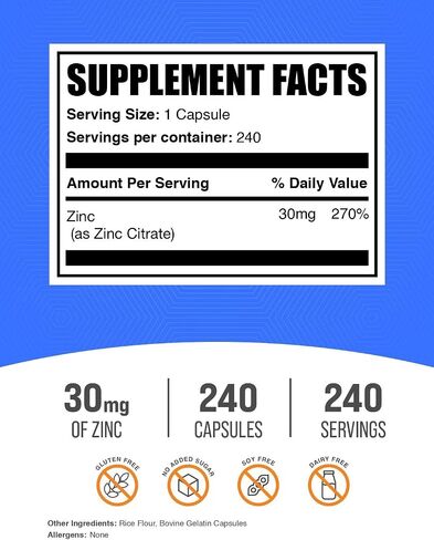 BulkSupplements.com كبسولات سيترات الزنك - مكملات الزنك، 30 مجم، كبسولات الزنك - سيترات الزنك 30 مجم، لدعم المناعة - خالية من الغلوتين، كبسولة واحدة لكل وجبة، 500 كبسولة، حزمة من 1 in Kuwait