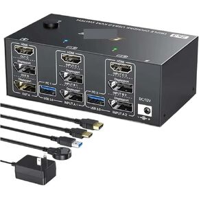 Multi Monitor 2 DisplayPort + HDMI USB3.0 KVM Switch 8K 60Hz 4K@144Hz 3 مراقبون 2 أجهزة كمبيوتر (قابس المملكة المتحدة)