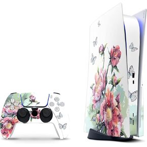 ZOOMHITSKINS Compatible with PS5 Skin, White Pink Green Flowers Art Vintage Painting, Durable, Bubble-Free, W/Disk Version, Precisely Cut