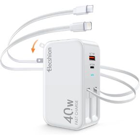 Retractable Wall Charger, 4-Port 40W USB C Charger Block with 2.95FT Lightning/Type-C Cable + Dual Port PD/QC Fast Charging Power Brick Foldable Travel Adapter for iPhone 16/15,Samsung,LG,iPad