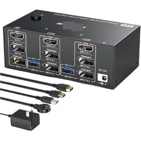 Triple Monitors HDMI KVM Switch,2 Displayport + HDMI USB KVM Switch 8K@60Hz,4K@144Hz 3 Monitors 2 Computers KVM(with EU Plug)