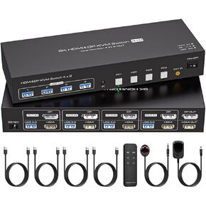 HDMI+Displayport KVM Switch 2 Monitors 4 Computers, 8K@60Hz Dual Display 4x2 USB 3.0 KVM Switch for 4 PC Share Keyboard Mouse(US Power Plug)