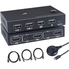 HDMI KVM Switch for 2 Computers 1 Monitor, 2 Port KVM Switcher 4K@30HZ, for 2 PC Share HD Monitor Keyboard Mouse Printer