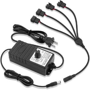 Wathai 36W 12V PC Fan Speed Controller Adjustable Power Supply 4 Port Speed Controller with 3Pin 4Pin Fan Splitter, 110V-240V AC to 4-12V DC 3A Adapter Supports 3/4 Pin Fans