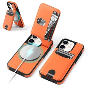 Compatible with Magsafe for iPhone 11 Wallet Case with Card Holder Kickstand RFID Blocking Flip Cover Credit Card Slots PU Leather Men Women,Phone Case for Apple 11 6.1",Orange