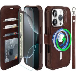 VANAVAGY Compatible for iPhone 16 Pro Wallet Case for Magsafe Wireless Charging, PU Leather Flip Folio Case [Screen Protector & Camera Lens Protector] with Strap RFID Block Card Holder,Clove Purple