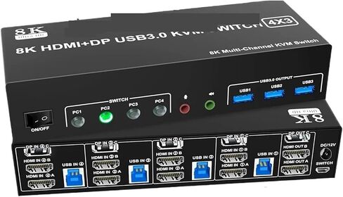 8K HDMI DP KVM USB 3.0 SWITCH 4X3 Triple Monitor 4K 120Hz Extended Displayport Switcher 4 in 3 Out for Keyboard Mouse (US Power Plug) in Kuwait