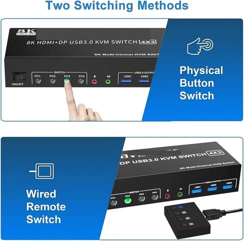 8K HDMI DP KVM USB 3.0 SWITCH 4X3 Triple Monitor 4K 120Hz Extended Displayport Switcher 4 in 3 Out for Keyboard Mouse (US Power Plug) in Kuwait
