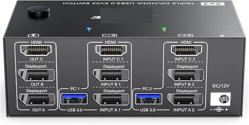 KVM Switch 3 مراقب 2 أجهزة الكمبيوتر 8K@60Hz 4K@144Hz ، HDMI+2 DisplayPort Switch Switch Triple Monitor لمشاركة الكمبيوتر 2 (203DH EU) in Kuwait