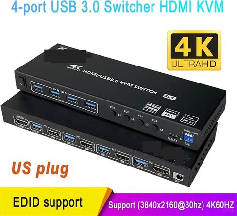 3.0 USB 2/4In-1Out HDMI KVM Switch Box for 2 PC 4K@60Hz Sharing Keyboard Mouse Printer Plug Video Display USB Swltch Splitter(4 HDMI Inputs US) in Kuwait