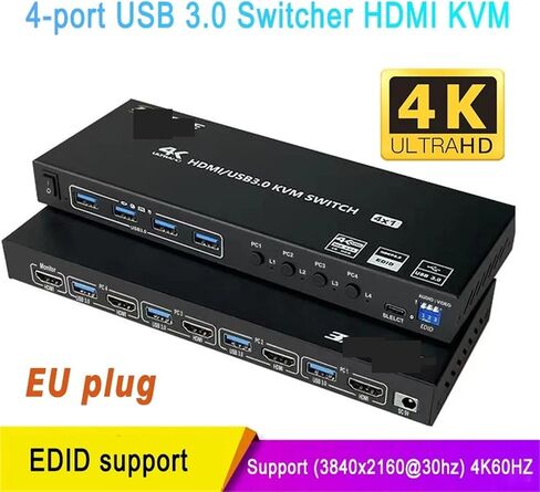 3.0 USB 2/4In-1Out HDMI KVM Switch Box for 2 PC 4K@60Hz Sharing Keyboard Mouse Printer Plug Video Display USB Swltch Splitter(4 HDMI Inputs US) in Kuwait