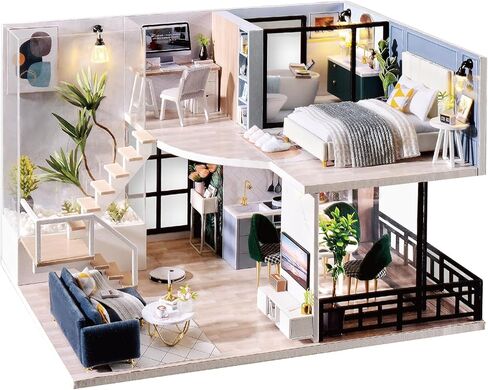 JAS WENAS DIY Dollhouse - طقم أثاث خشبي مصغر مع مقاوم للغبار، ألعاب بيت الدمى الصغيرة المصنوعة يدويًا بمقياس 1:24، طقم منزل صغير مع أثاث لفكرة هدية عيد الحب للأولاد والبنات in Kuwait