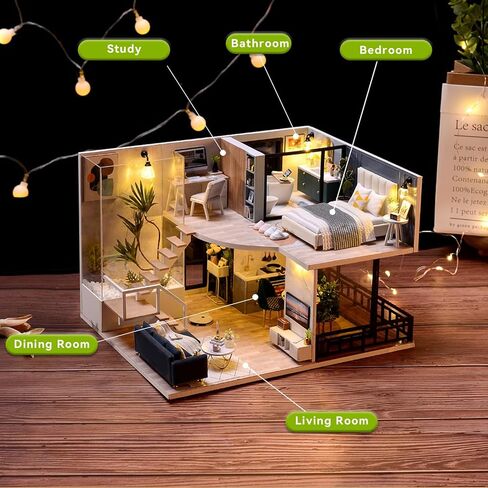 JAS WENAS DIY Dollhouse - طقم أثاث خشبي مصغر مع مقاوم للغبار، ألعاب بيت الدمى الصغيرة المصنوعة يدويًا بمقياس 1:24، طقم منزل صغير مع أثاث لفكرة هدية عيد الحب للأولاد والبنات in Kuwait