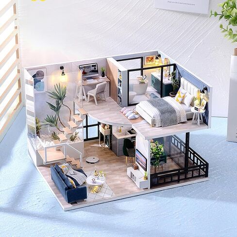 JAS WENAS DIY Dollhouse - طقم أثاث خشبي مصغر مع مقاوم للغبار، ألعاب بيت الدمى الصغيرة المصنوعة يدويًا بمقياس 1:24، طقم منزل صغير مع أثاث لفكرة هدية عيد الحب للأولاد والبنات in Kuwait