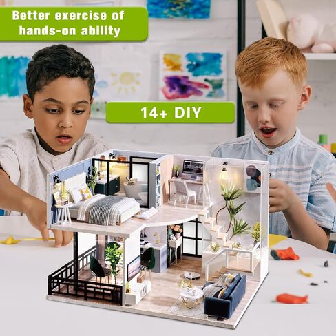 JAS WENAS DIY Dollhouse - طقم أثاث خشبي مصغر مع مقاوم للغبار، ألعاب بيت الدمى الصغيرة المصنوعة يدويًا بمقياس 1:24، طقم منزل صغير مع أثاث لفكرة هدية عيد الحب للأولاد والبنات in Kuwait