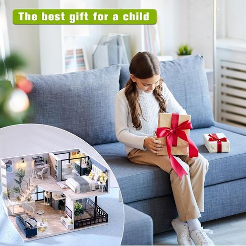 JAS WENAS DIY Dollhouse - طقم أثاث خشبي مصغر مع مقاوم للغبار، ألعاب بيت الدمى الصغيرة المصنوعة يدويًا بمقياس 1:24، طقم منزل صغير مع أثاث لفكرة هدية عيد الحب للأولاد والبنات in Kuwait