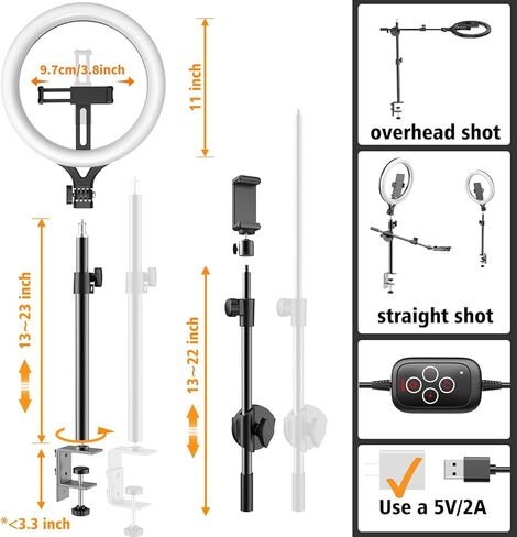 11'' Dimmable Ring Light with Phone Holder, LED Circle Light USB Powered, 3 Light Modes & 10 Brightness Levels, Compatible with Tripod Stand (Stand Not Included), 10W 5V 2A in Kuwait