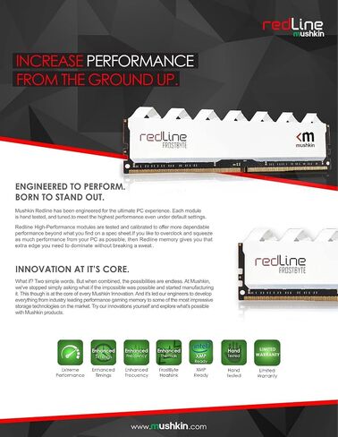 Mushkin Redline White - DDR4 UDIMM - 32GB (2x16GB) 4000MHz CL-18-288-pin1.35V Desktop Ram - Non-ECC - Dual Channel - FROSTBYTE Heatsink (MRD4U400JNNM16GX2) in Kuwait