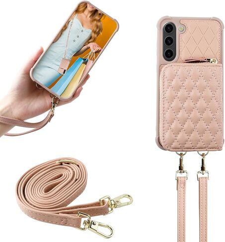 MONASAY Zipper Wallet Case Fit for Galaxy S23+ Plus, [RFID Blocking] Flip Leather Handbag Phone Cover with Card Holder and Crossbody Shoulder Lanyard Strap, Rosegold in Saudi Arabia