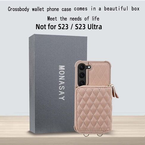 MONASAY Zipper Wallet Case Fit for Galaxy S23+ Plus, [RFID Blocking] Flip Leather Handbag Phone Cover with Card Holder and Crossbody Shoulder Lanyard Strap, Rosegold in Saudi Arabia