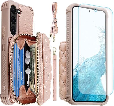 MONASAY Zipper Wallet Case Fit for Galaxy S23+ Plus, [RFID Blocking] Flip Leather Handbag Phone Cover with Card Holder and Crossbody Shoulder Lanyard Strap, Rosegold in Saudi Arabia